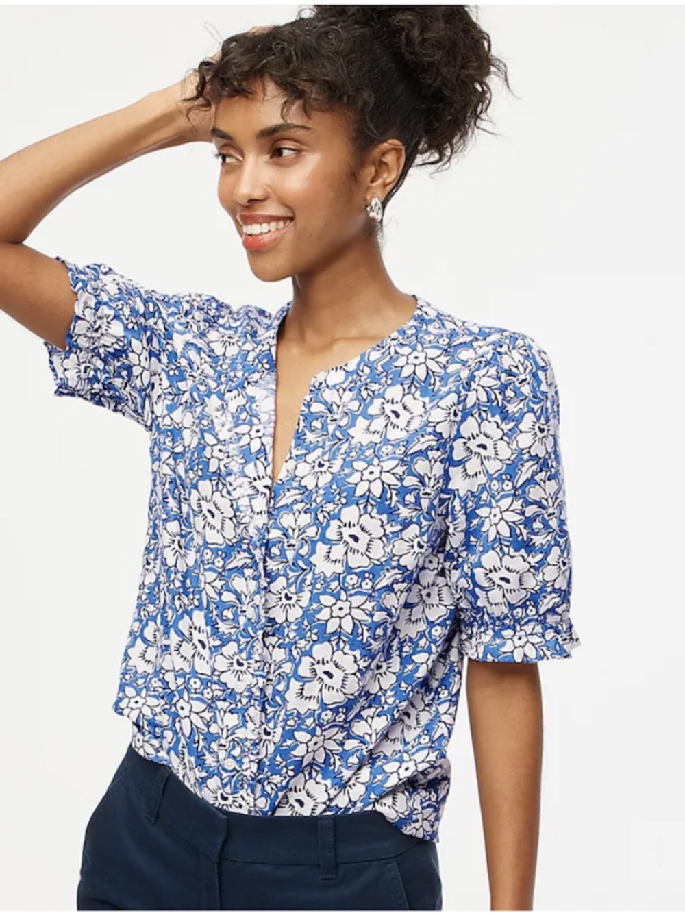 J Crew Factory Linen-blend Ruffle Top With Puff Sleeves in size M